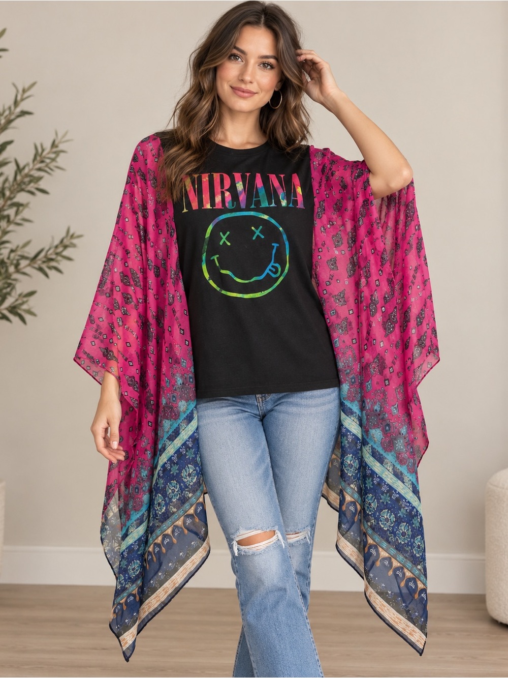 NIRVANA Black Graphic Tee with Pink and Blue Sheer Kimono